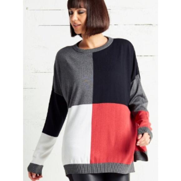 Planet by Lauren G Sweaters - Planet by Lauren G Colorblock Pima Cotton Sweater - Gray Black Red OS
